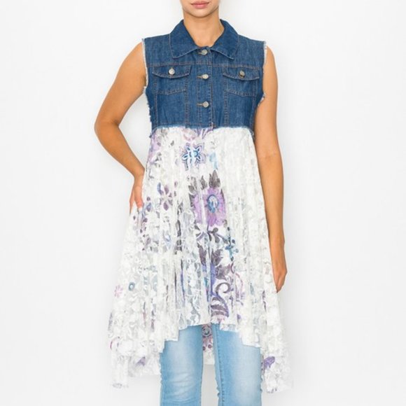 new ORIGAMI DUSTER CARDIGAN VEST FLORAL DENIM & LACE SM-3X western boho chic - Picture 2 of 10